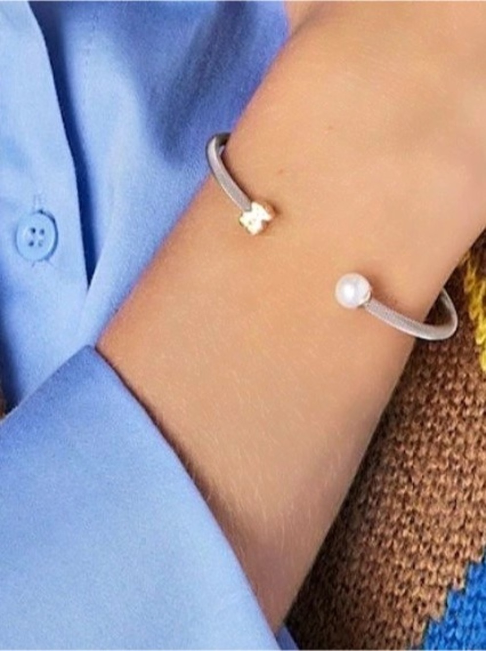 TOUS Icon Mesh Steel and 18K Solid Gold Bracelet with Pearl and Bear Motif Pearl